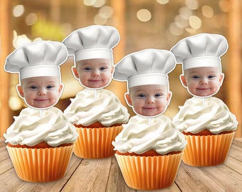 Handmade Chef Hat Party Face Custom Photo Cupcake Topper,Personalised Chef Hat Funny Cupcake Topper,Birthday Decor