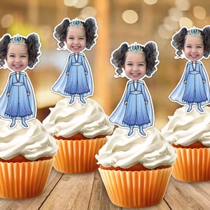 Topper per cupcake con foto personalizzata del volto di Frozen Elsa fatto a mano, topper per cupcake divertente personalizzato Princess Frozen Elsa, decorazione di compleanno
