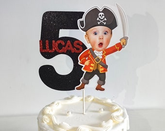 Custom Pirate Boy Cake Topper With Your Photo, Birthday Pirate Cake Topper ANY AGE NAME, Personalized Cake Topper, Birthday Decoration