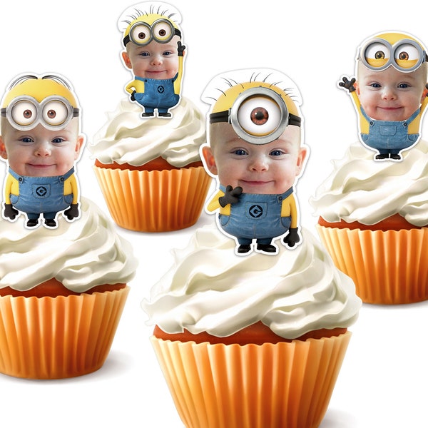 Druckbare benutzerdefinierte Foto Minion inspiriert Cupcake Topper, personalisierte Gesicht Minion Aufkleber Cupcake Topper, Geburtstagsdekor, nur digitale Datei
