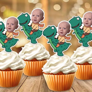 Handmade Dinosaur Party Face Custom Photo Cupcake Topper,Personalised Dinosaur Funny Sticker Cupcake Topper,Birthday Decor