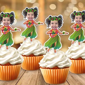 Handmade Hula Girl Party Face Custom Photo Cupcake Topper,Personalised Hawaiin Funny Cupcake Topper,Birthday Decor