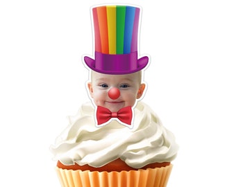 Printable Circus Clown Custom Photo Cupcake Topper,Personalised Under the Big Top Face Sticker Cupcake Topper,Digital File Only