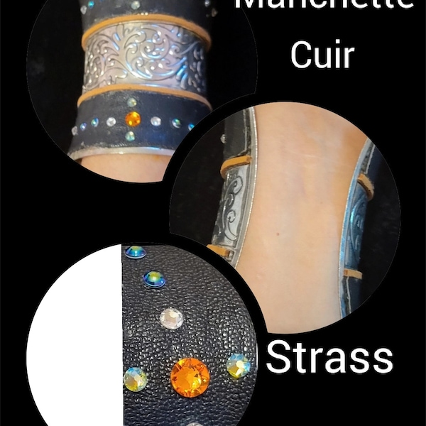 Bracelet manchette Artisanal en métal, cuir & strass Swarovski