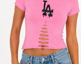 Womens Handmade Black/Pink Los Angeles City Croptop, LA Shirt, LA Fan Outfit, Cute Comfy Casual Gameday Clothing Ideas