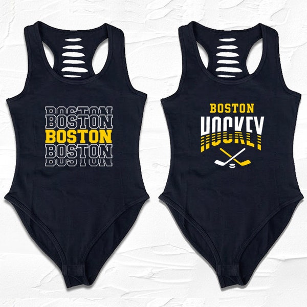 Womens Black/Yellow Boston Graphic Bodysuit, Boston Fan Gift, College Hockey Outfit