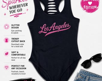 Womens Handmade Black/Pink Glitter Los Angeles City Bodysuit, LA Shirt, LA Fan Outfit, Cute Comfy Casual Gameday Clothing Ideas