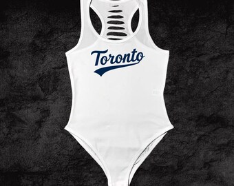 White/Navy Womens handmade black Toronto Script bodysuit, DIY Hockey outfits, Canada Gift ideas