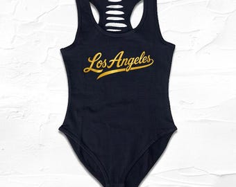 Womens Handmade Black/Gold Los Angeles City Bodysuit, LA Shirt, LA Fan Outfit, Cute Comfy Casual Gameday Clothing Ideas