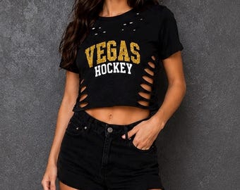 Las Vegas Hockey Women CropTop Black Distressed Slit Cutout Gold Glitter HTV Tee