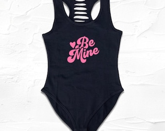 Womens Handmade Black/Pink Graphic Be Mine, Valentin's Day Bodysuit Gift for her, Womens Adult size casual outfit