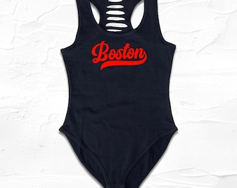 Womens Handmade Black/Red Boston Bodysuit, Massachusetts Shirt, Boston Fan Outfit, Cute Comfy Casual Gameday Clothing Ideas