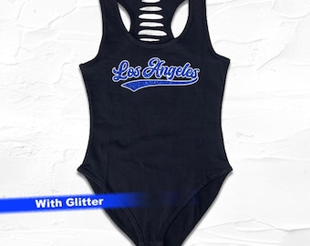 Womens Handmade Black/Blue Glitter Los Angeles City Bodysuit, LA Shirt, LA Fan Outfit, Cute Comfy Casual Gameday Clothing Ideas