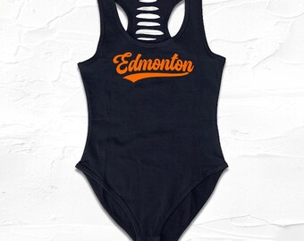 Black/Orange Womens handmade black Edmonton bodysuit, DIY Hockey outfits, Canada Gift ideas