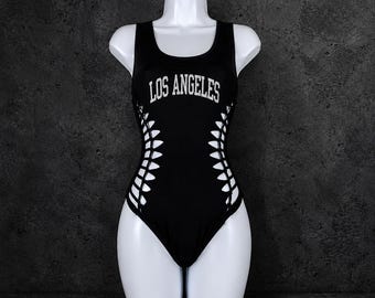 Womens Handmade Black/ Glitter Los Angeles City Bodysuit, LA Shirt, LA Fan Outfit, Cute Comfy Casual Gameday Clothing Ideas