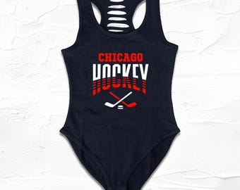 Womens Black/Red White Chicago Graphic Bodysuit, Chi-Town Fan Gift, Illinois Gameday Outfit