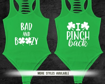 Womens Handmade Black/Green Saint Patrick's Day Bodysuit, Cute St Pattys Day Outfit, Lucky/Shamrock/Clover Shirts, Fun, Funny Green tops