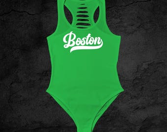 Womens Green Boston Handmade Script/Cursive Bodysuit, Boston Fan Gift, Massachusetts Shirt, Boston Fan Gift Ideas, Comfy Boston Outfit