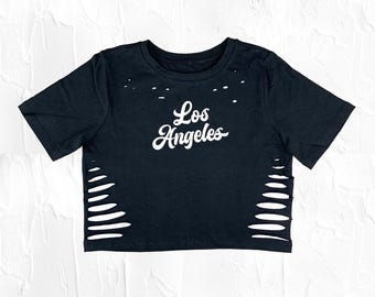 Womens Handmade Black Crop Top - Los Angeles Script Tee - Summer Baseball Gameday Fan Shirt