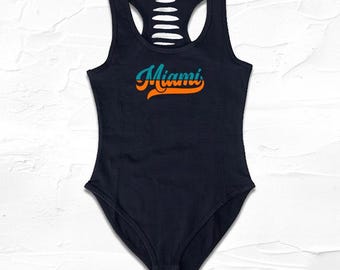 Aqua/Orange Womens handmade black Miami bodysuit, DIY Football outfits, Florida Gift ideas