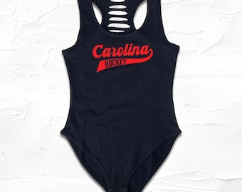 Black/Red Womens handmade black Carolina bodysuit, DIY Hockey outfits, North Carolina Gift ideas