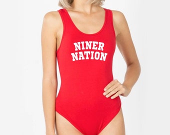 Red womens handmade San Francisco Niner Faitful Bodysuit, SF cute football outfit, sports clothing for her, Niner Fan, Niner Nation