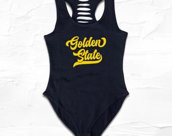 Womens Black/Yellow Handmade Golden State Bodysuit, Dub City Fan Gift, Basket Ball Mom Outfit