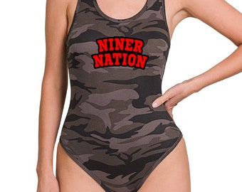 Womens Handmade/DIY Camo San Francisco  Bodysuit, SF Gameday Outfit Ideas, Niner Fan, Camouflage Niner Nation