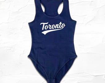 Navy/White Womens handmade black Toronto Script bodysuit, DIY Hockey outfits, Canada Gift ideas