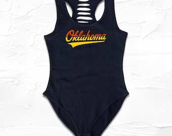Womens Handmade Black/Yellow/Red Orange Oklahoma City Bodysuit, OKC Shirt, Oklahoma Fan Outfit, Cute Comfy Casual Gameday Clothing Ideas
