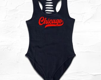 Black Red Handmade Chicago Bodysuit, Comfort CHI-Town Shirts for women, Illinois Sports Outfit, Chicago Gift Idea