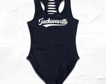 Black Jacksonville Handmade Bodysuit, Custom cut,  Florida Sports Gift, Handmade Jacksonville Fan Apparel, Gameday Football Outfit for Her