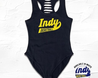 Womens Black/Yellow Handmade Indiana Bodysuit, GO Indy, Indianapolis Girl Gameday outfit