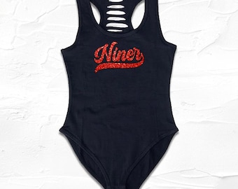 Black Red Handmade San Francisco SF Niner Glitter Bodysuit, SF Bodysuit for womens, Niner Fan, Faitful Fan ,Frisco Girl