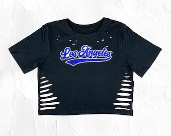 Womens Handmade Black/Blue Glitter Los Angeles City Croptop, LA Shirt, LA Fan Outfit, Cute Comfy Casual Gameday Clothing Ideas