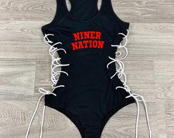 Black Red San Francisco Niner Nation Handmade Corset Bodysuit, SF Bodysuit for womens, Niner Fan, Faithful Gift Ideas and Gameday Outfit