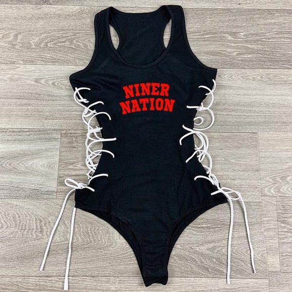 Black Red San Francisco Niner Nation Handmade Corset Bodysuit, SF Bodysuit for womens, Niner Fan, Faithful Gift Ideas and Gameday Outfit