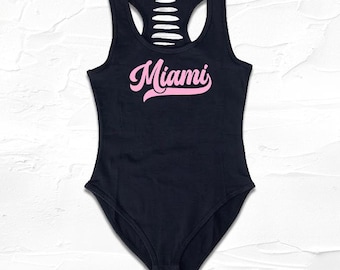Womens Handmade Black/Pink Miami Bodysuit, Florida Shirt, FL Fan Outfit, Cute Comfy Casual Gameday Clothing Ideas | South Miami Fútbol Gift