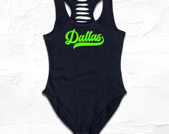 Womens Black/Electric Green Dallas Script Graphic Bodysuit, Dallas Fan Gift, Gameday Outfit, MOM Gift