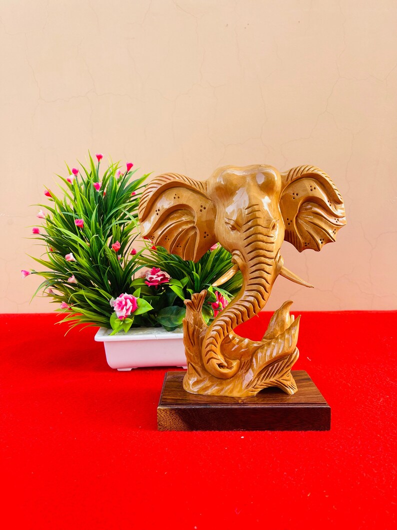 Beautiful Carving Wooden Elephant Sculpture Gift Height 9 Inch, Wooden