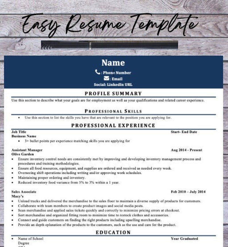 Easy Resume Template Etsy - Il 794xN.4451251093 2byv 