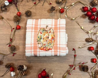 Kürbis Geschirrtuch | Herbst Kürbis Applikation | Herbst & Weihnachten Küche Dekor | Einweihungsgeschenk | Erntedank | Herbst Dekor