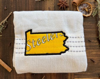 Pittsburgh Steelers Black Border besticktes Geschirrtuch | Fußball Fan Geschenk | Schwarz und Gold Wohnkultur | Game Day Küchentuch