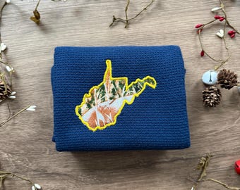 WV Zustand Umriss Applikation Geschirrtuch | Marineblaues Handtuch | Goldfaden | Außenstoff | Bergsteiger Geschenk | West Virginia Dekor