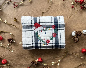 Weihnachten Pfotenabdruck Herz Geschirrhandtuch mit Nikolausmütze | Weihnachtsdekor | Geschenk für Tierliebhaber | Urlaub Dekor | Bestickter Hund Katze Pfoten Anhänger