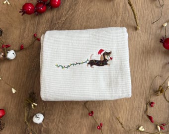 Dackel Weihnachten Geschirrtuch | Tierliebhaber Urlaub Dekor | Hunde Mama Geschenk | Festliches besticktes Handtuch | Dackel Hund Dekor | Grün gestreift