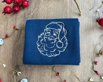 Weiß besticktes Küchentuch mit Weihnachtsmann | Weihnachtsgeschirrtuch | Festliche Feiertage Küche Dekor | Handgemachtes Handtuch Handtuch | Weihnachtsgeschenk Idee