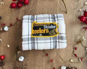 Kariertes Pittsburgh Steelers Football Goldrand besticktes Geschirrtuch | Fußball Fan Geschenk | Schwarz und Gold Wohnkultur | Spieltag Handtuch
