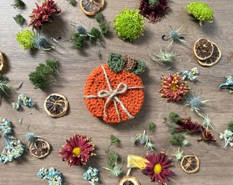 Crochet Pumpkin Coasters Set of 4 | Handmade Fall Decor with Stem and Leaf Detail | Fall Table Accessories