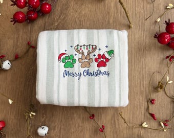 Frohe Weihnachten Pfotenabdruck Küchentuch | Tierliebhaber Urlaub Dekor | Hunde Mama Geschenk | Festliches besticktes Handtuch | Weihnachten-Küchen-Dekor